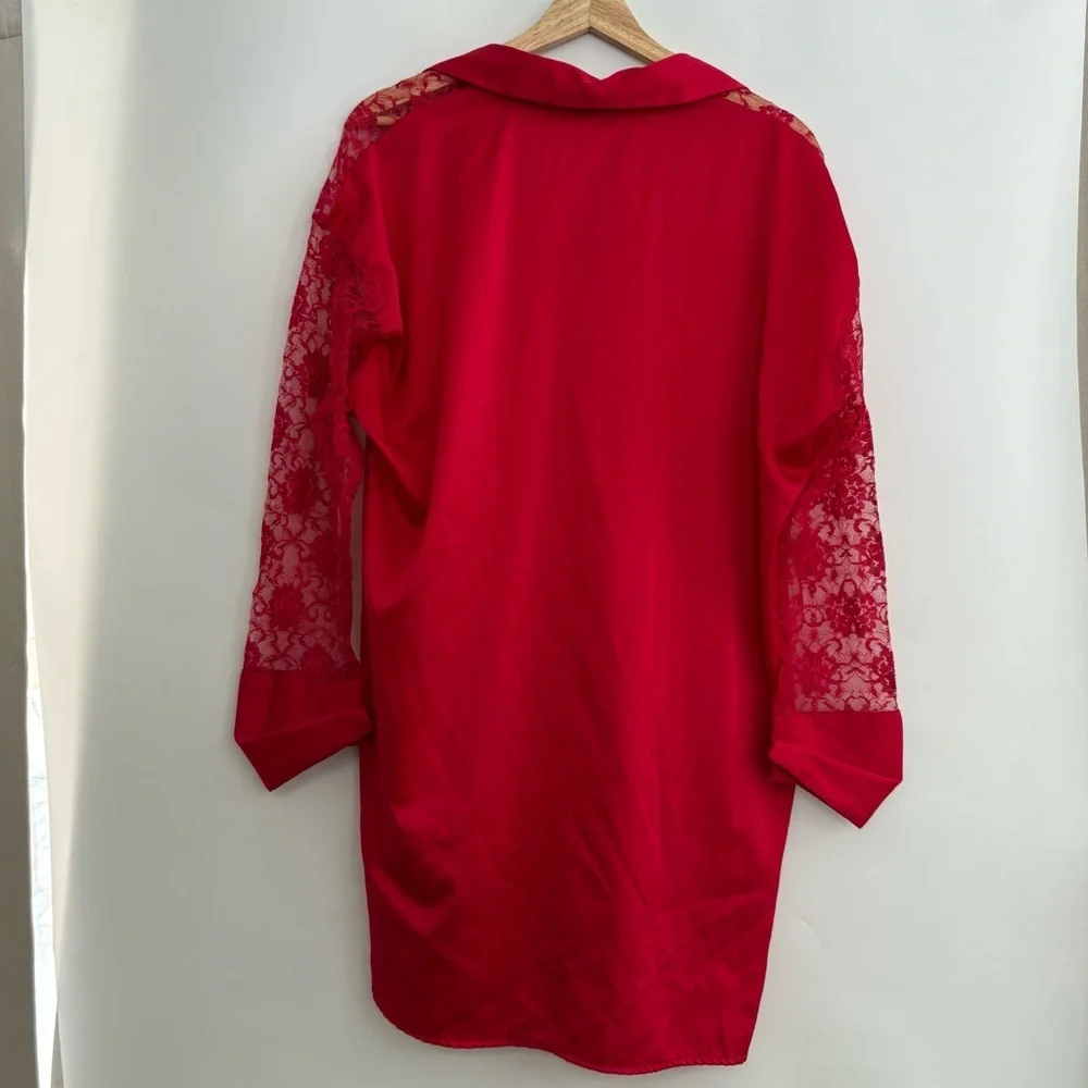 Victoria’s Secret Vintage Gold Label Red Satin Lace Button Down Nightgown Tunic